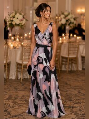 NEW Frank Lyman Silky Pink, Lilac, Black & White Pleated Maxi Dress/Gown